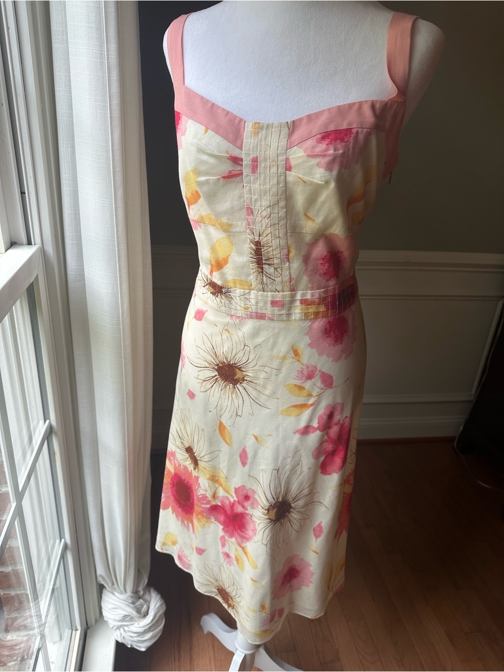 Ann Taylor Cream Midi Dress with Pink and Yellow Floral Print